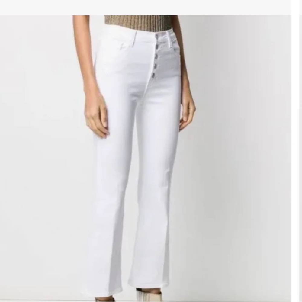 J Brand high rise white cropped flare with silver buttons.